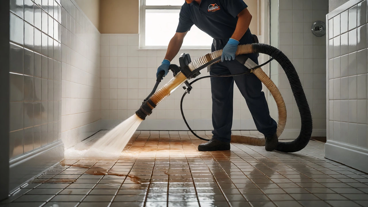 Technician extracting dirt from grout with professional equipment