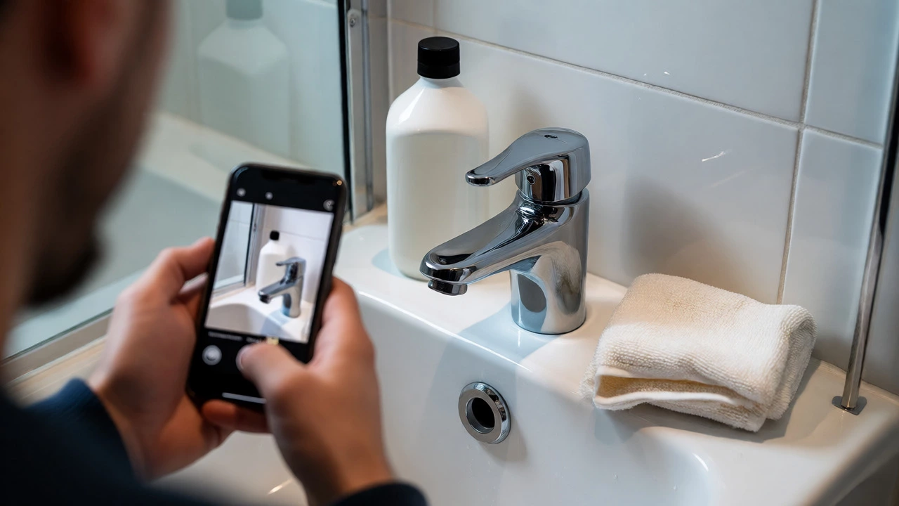Tenant photographing a sparkling clean bathroom tap for proof