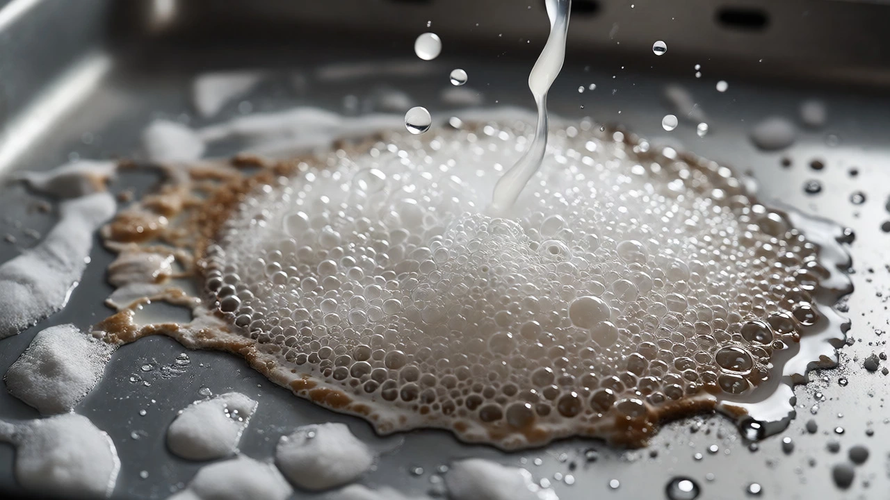 Vinegar spraying onto baking soda causing a fizzy reaction in an oven
