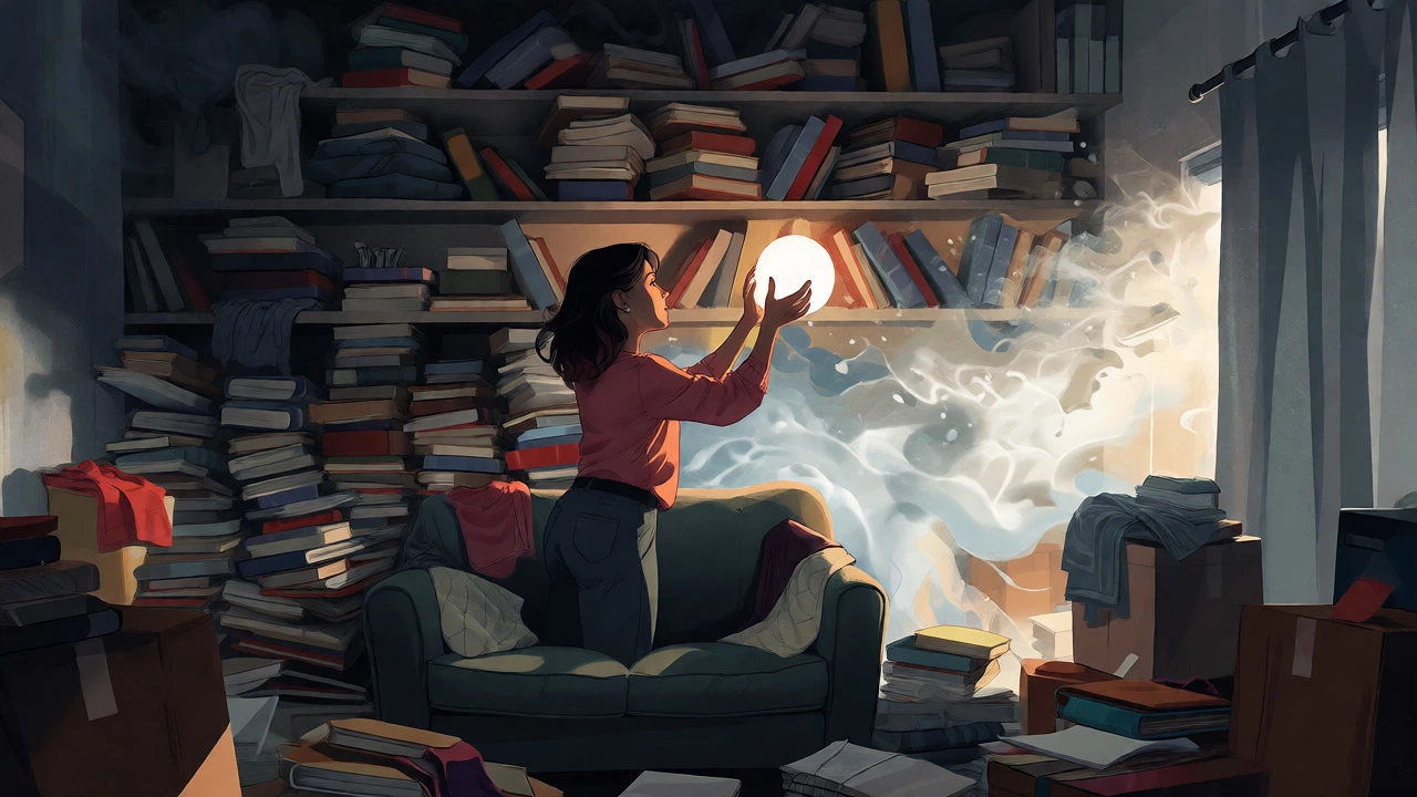 Woman organizing a cluttered room, dissolving chaos into light.