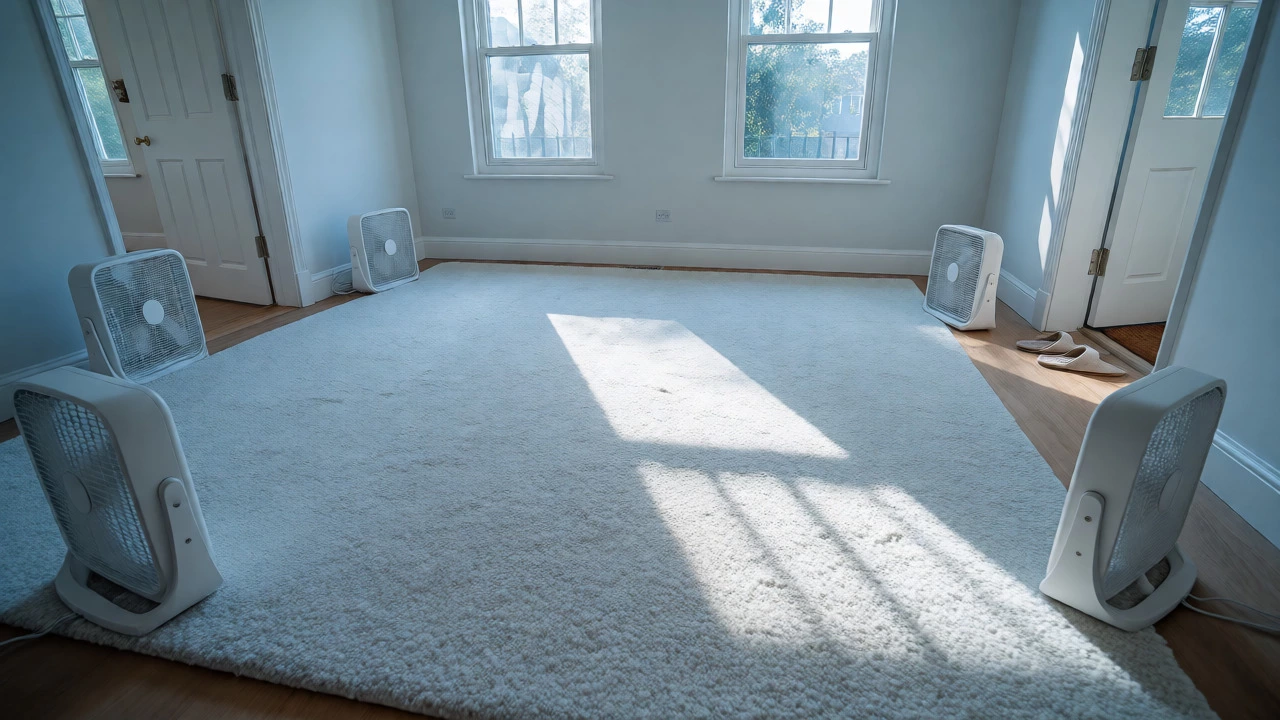 A clean, dry living room carpet with box fans running to speed up the drying process after cleaning.