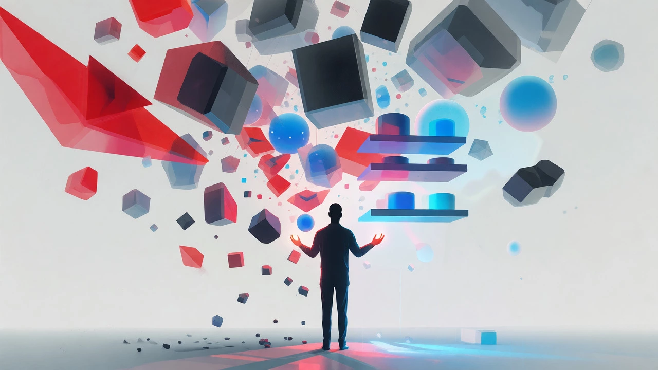 Abstract visualization of sorting floating thought forms into an organized mental structure.