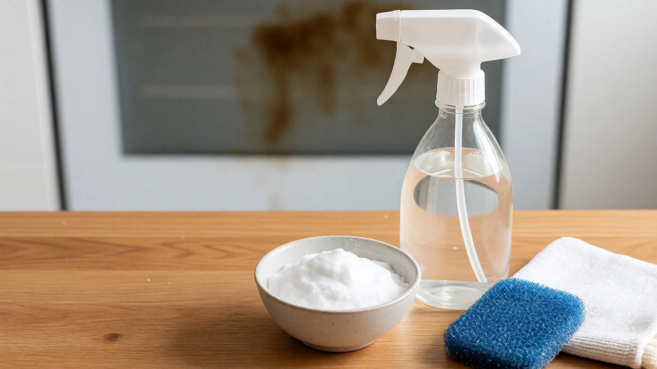 Baking soda paste and vinegar spray bottle prepared for cleaning