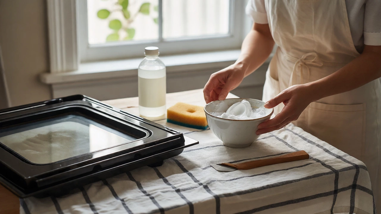 Baking soda paste prepared next to an open oven door and cleaning tools