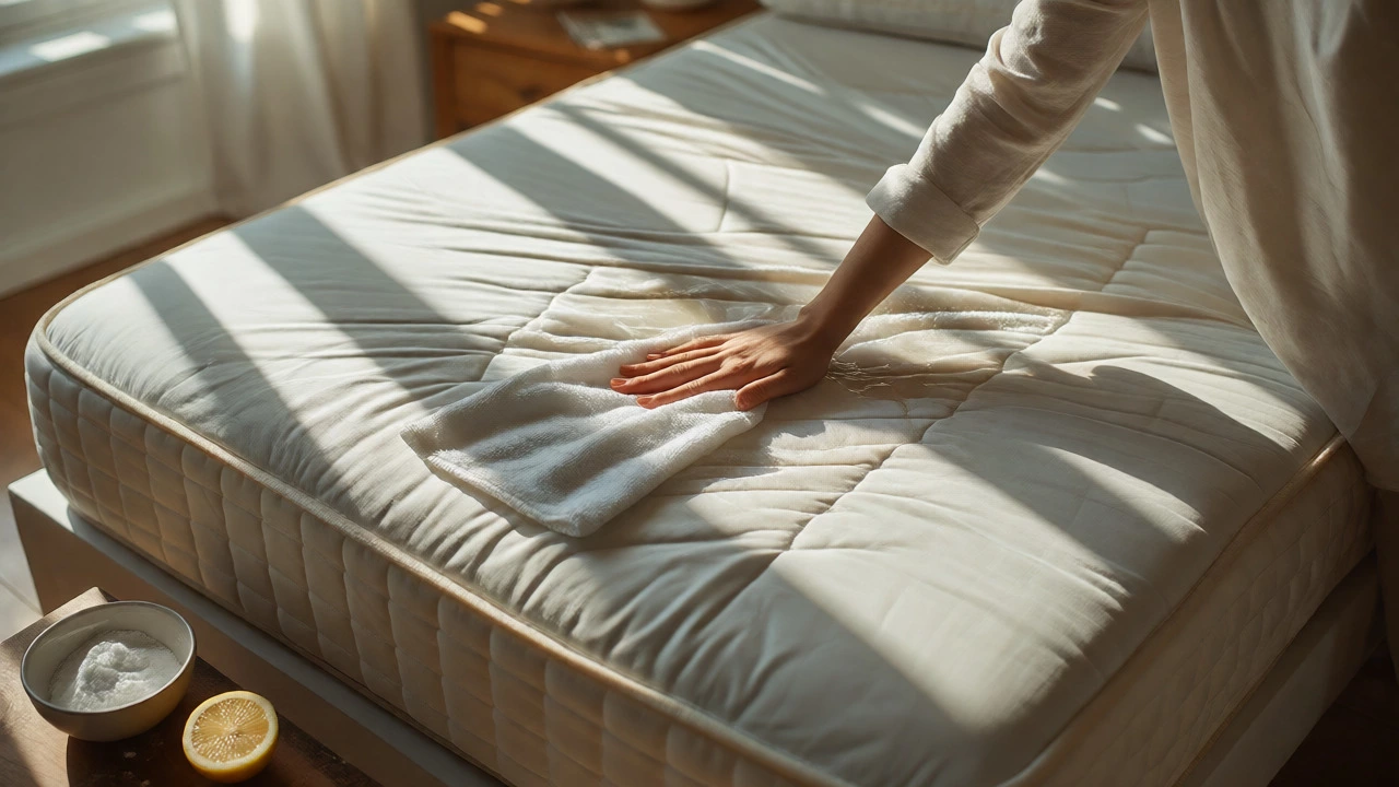 Blotting a mattress stain with a microfiber cloth near baking soda