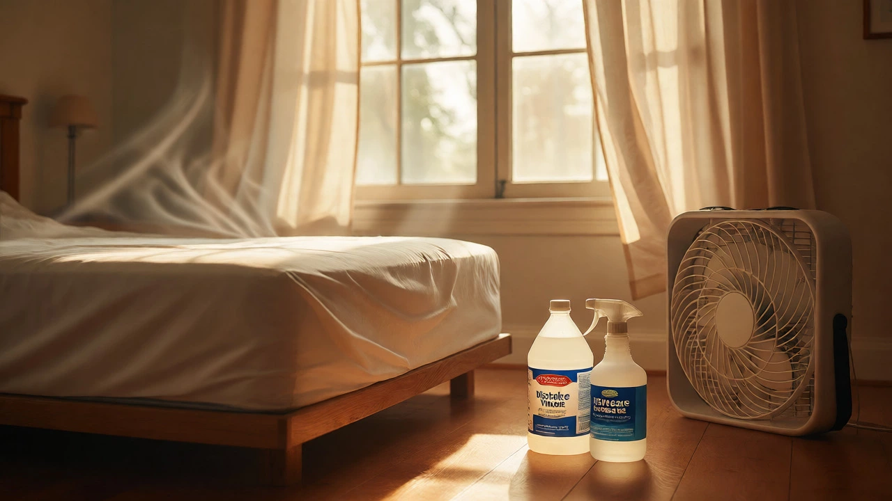 Clean mattress with vinegar bottle and fan in sunlit bedroom