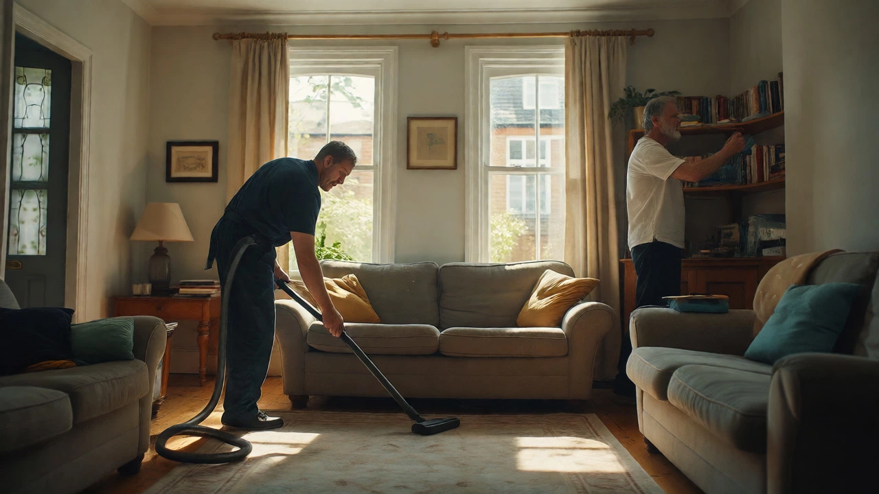 Cleaner moving furniture to vacuum while homeowner organizes shelves in a bright living room.