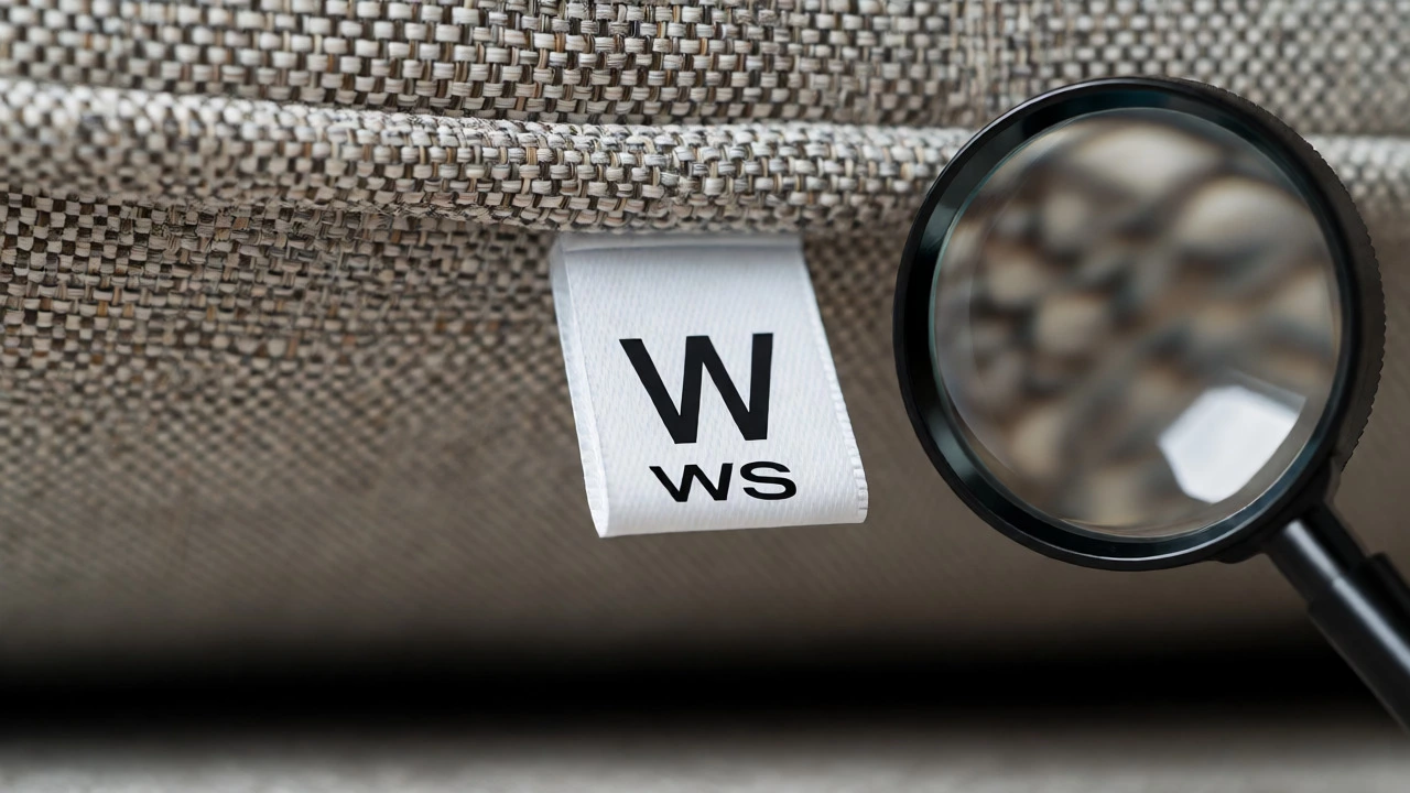 Close-up of a sofa care tag showing W code under a magnifying glass
