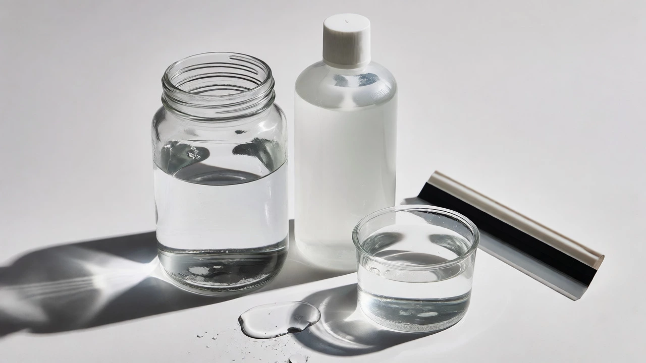 DIY window cleaner ingredients: distilled water, alcohol, and soap.