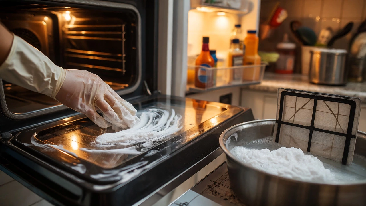 Hand applying baking soda paste to an oven door with a filter soaking in soapy water nearby.