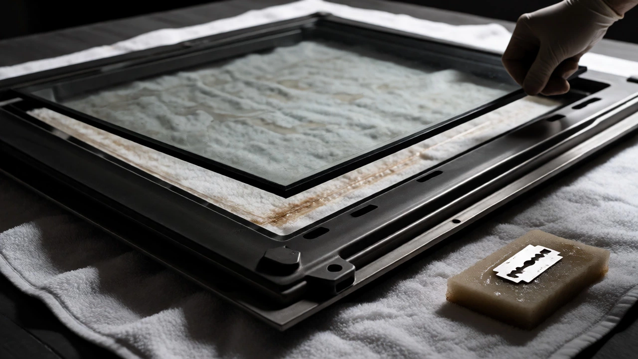 Hand lifting glass panel during oven door disassembly over towels
