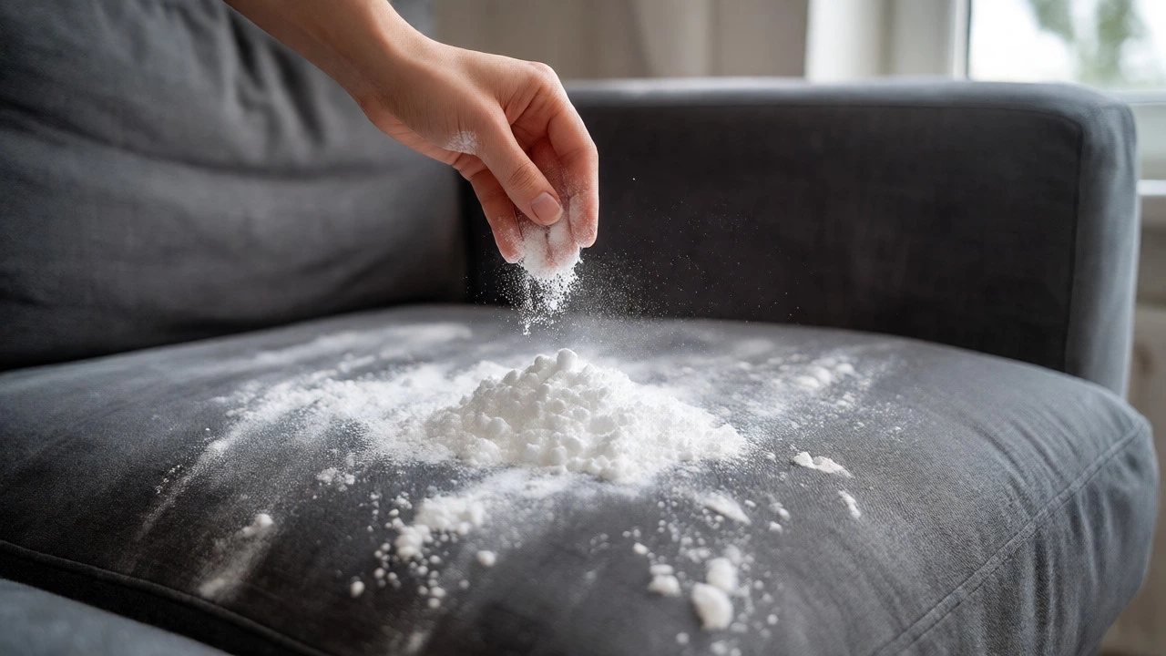 Hand sprinkling baking soda onto a dark grey sofa cushion.