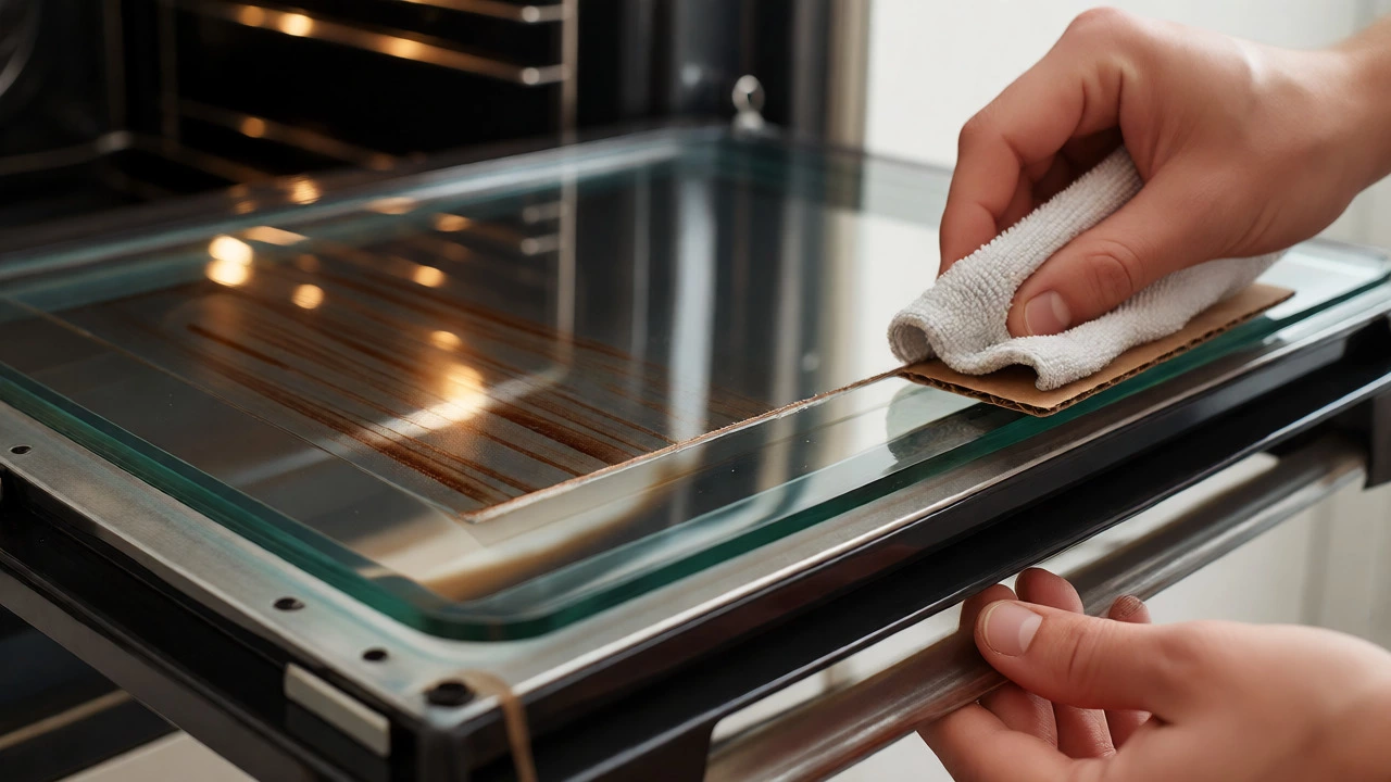Hands cleaning trapped grime between disassembled oven glass layers