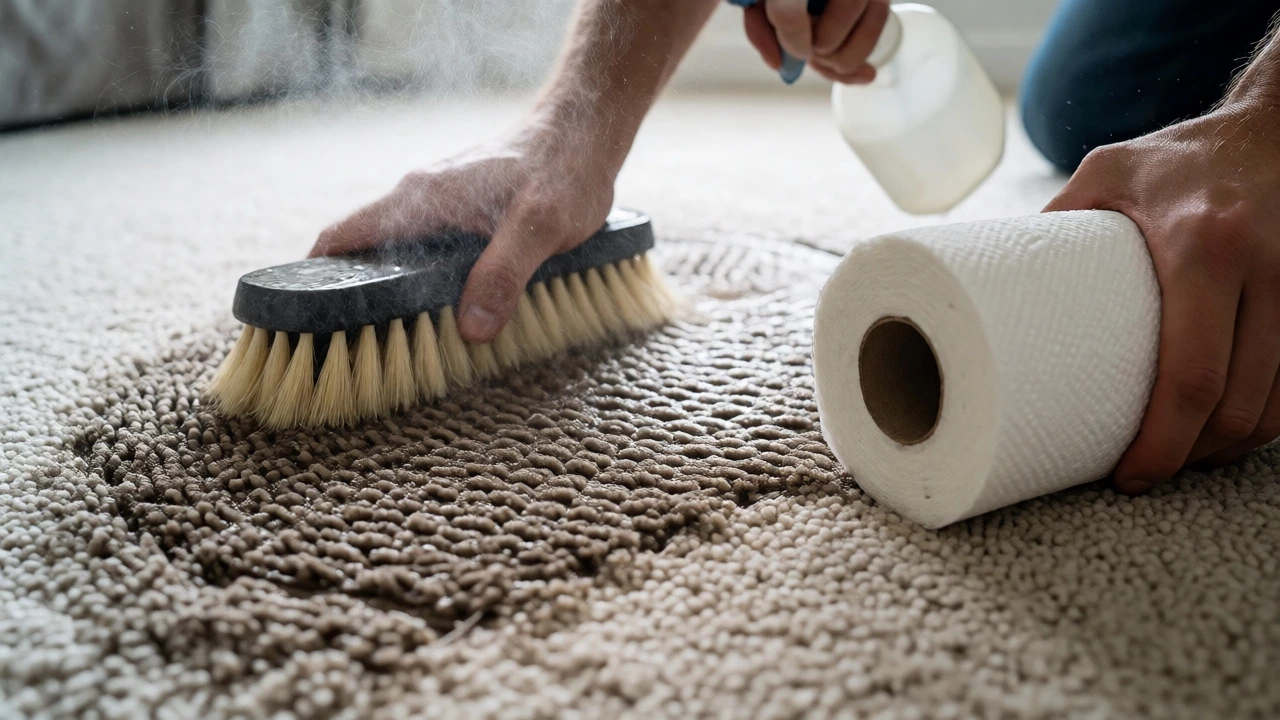 Hands scrubbing a carpet stain with a brush while spraying cleaning solution during wet extraction.