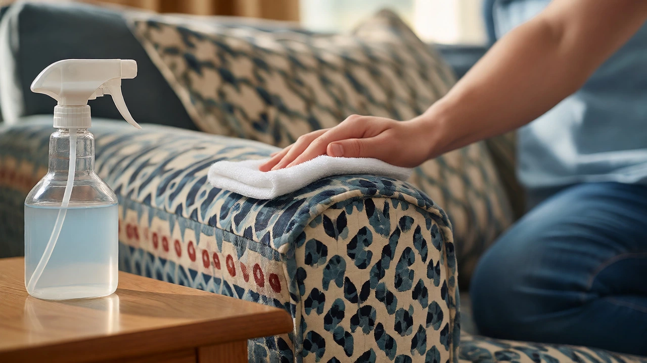Person blotting a damp spot on a sofa with a microfiber cloth.