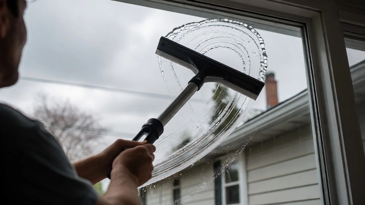 Person using a squeegee on a window under cloudy skies.