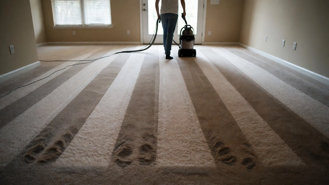 Person vacuuming carpet in straight lines from left to right