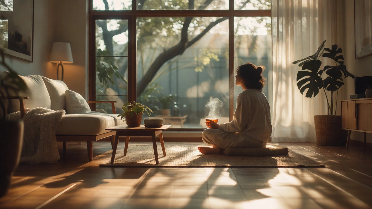 Serene individual enjoying a quiet, minimalist morning with tea and natural light.