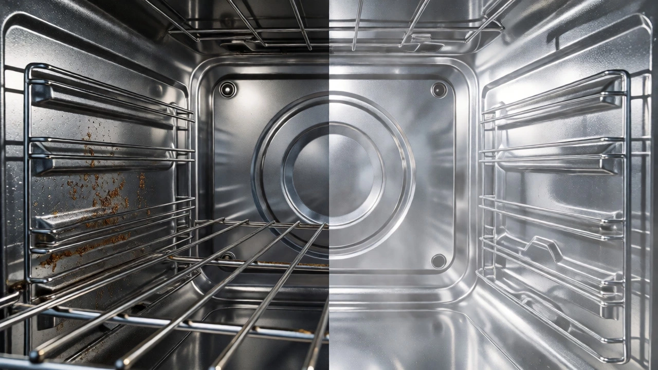 Split view comparing greasy oven rack with professionally degreased interior