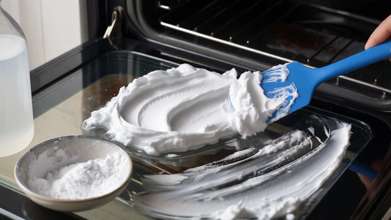 Thick white baking soda paste being applied to an oven glass door with a spatula.