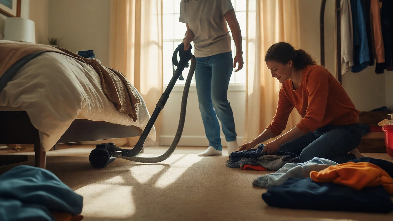 Two people cleaning a bedroom in parallel, vacuuming under the bed and sorting clothes.