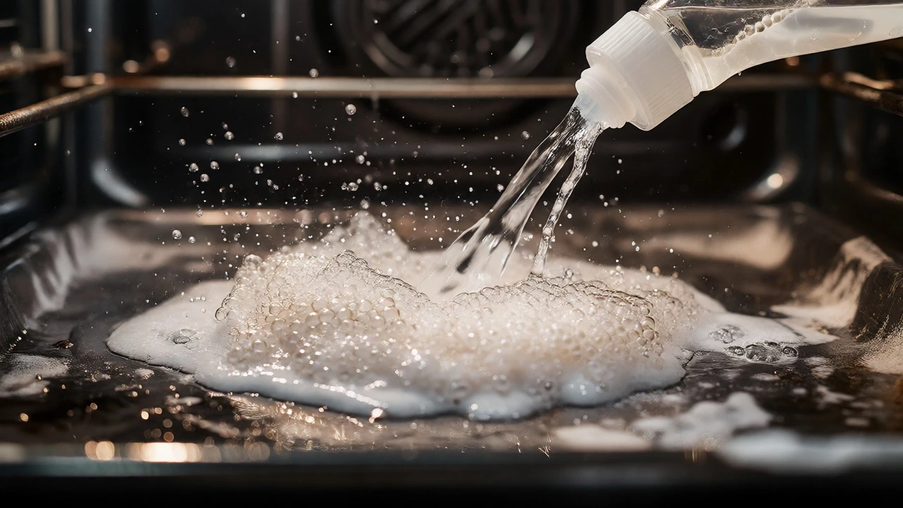 Vinegar spraying onto baking soda paste causing a fizzy bubbling reaction inside an oven.