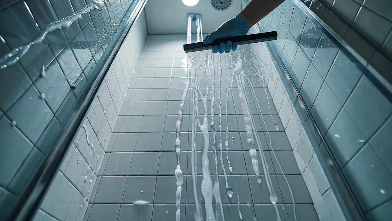 Water dripping down shower tiles towards uncleaned floor